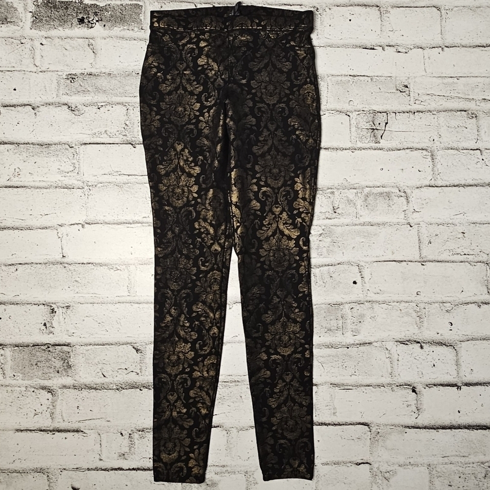 HUE Black Gold Baroque Print Leggings Stretch Skinny Pants XS